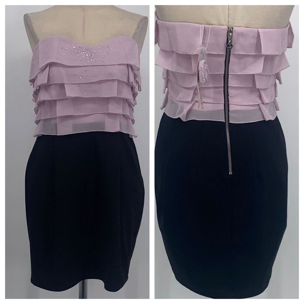 NWT Lipsy London UK Frill Bandeau Mini Dress Rhinestone Chiffon Bling Black Pink